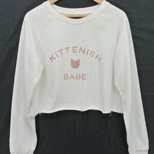 Kittenish Babe Graphic Cotton Blend‎ Cropped Sweatshirt White Pink L